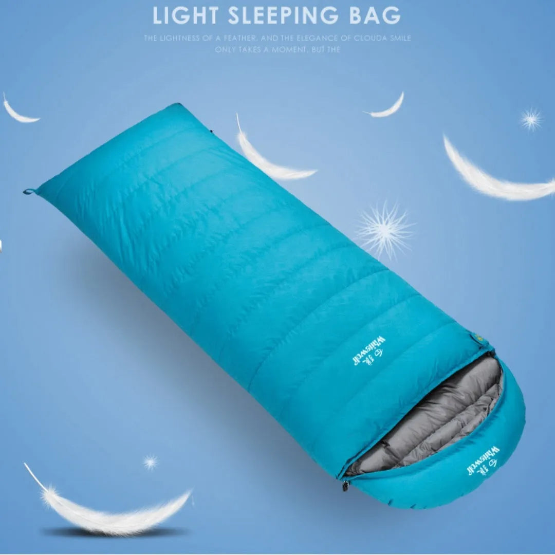 Black outdoor sleeping bag with goose down filling and nylon exterior
