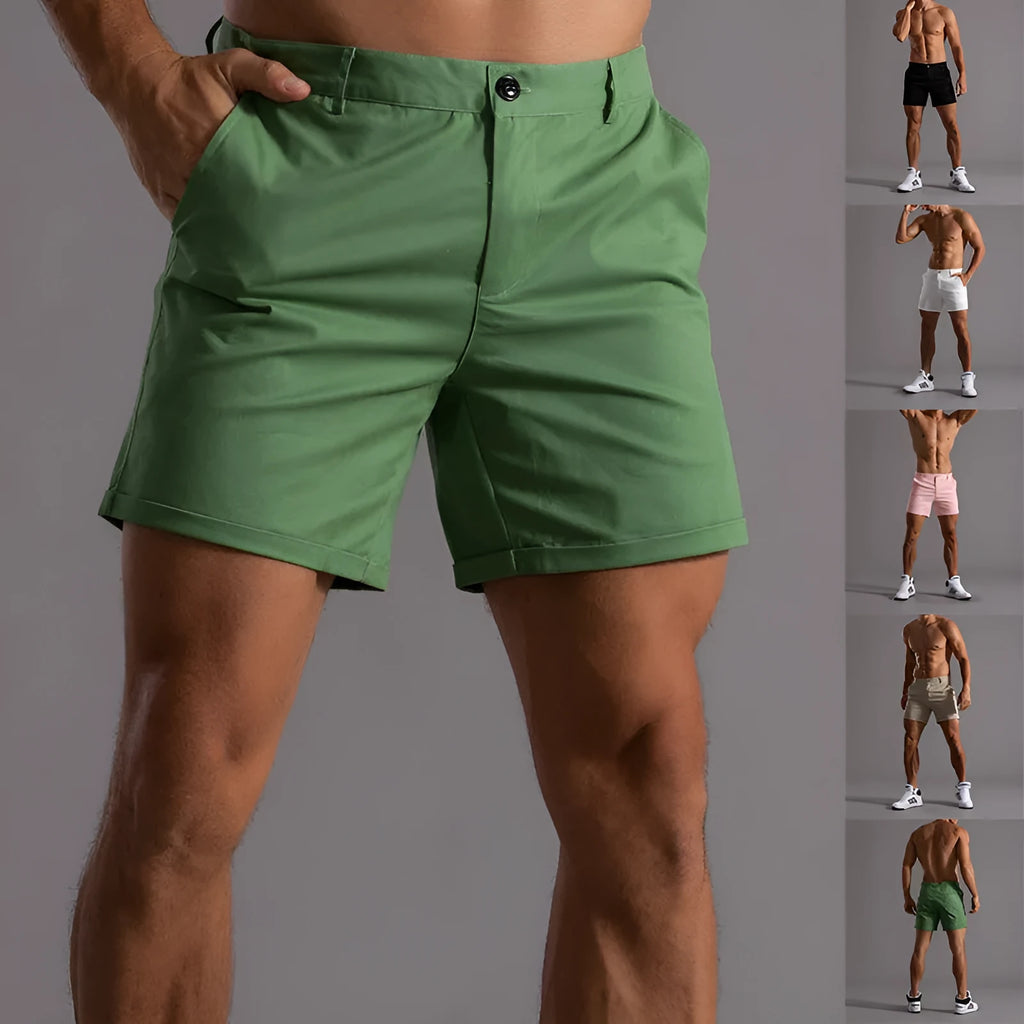 Men's cotton button beach shorts with pockets, straight leg, available in various colours