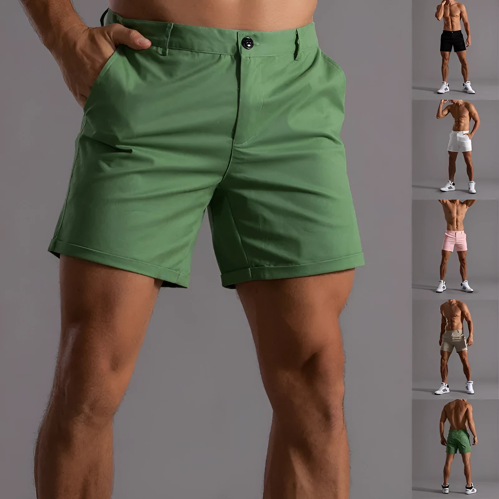 Men's cotton button beach shorts with pockets, straight leg, available in various colours