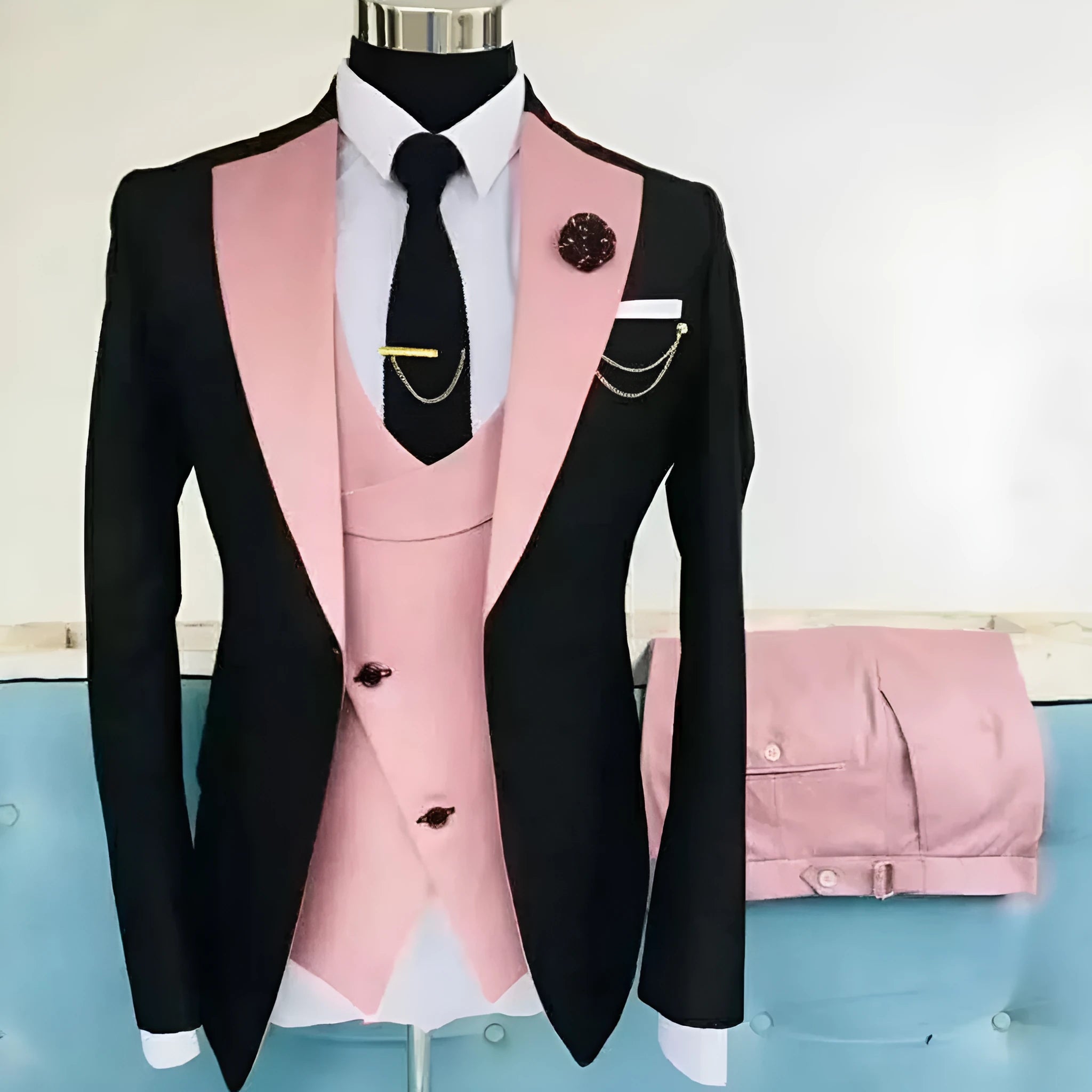 Men's slim fit three-piece cotton business suit with vest, coat and trousers