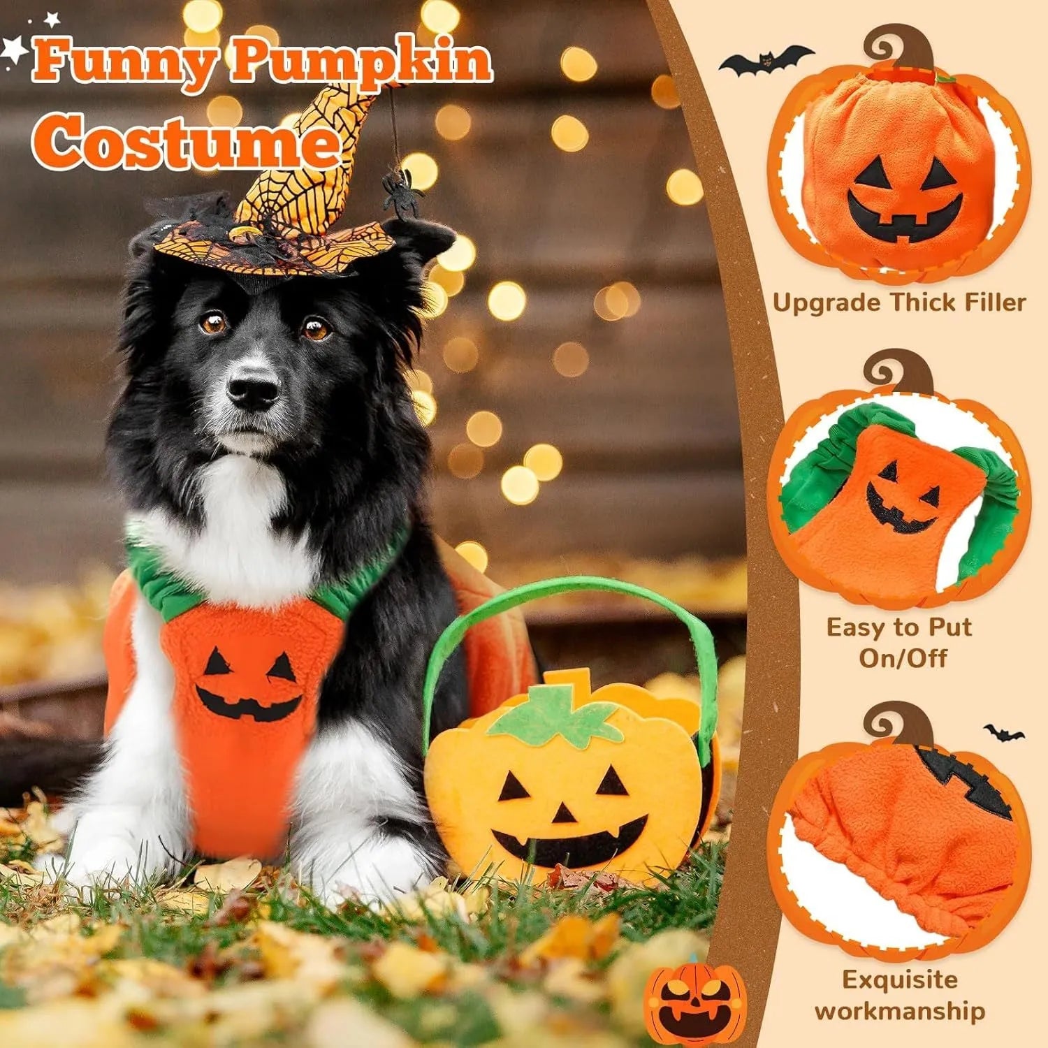 Thick plush pumpkin dog Halloween costume on a small dog with orange pumpkin design