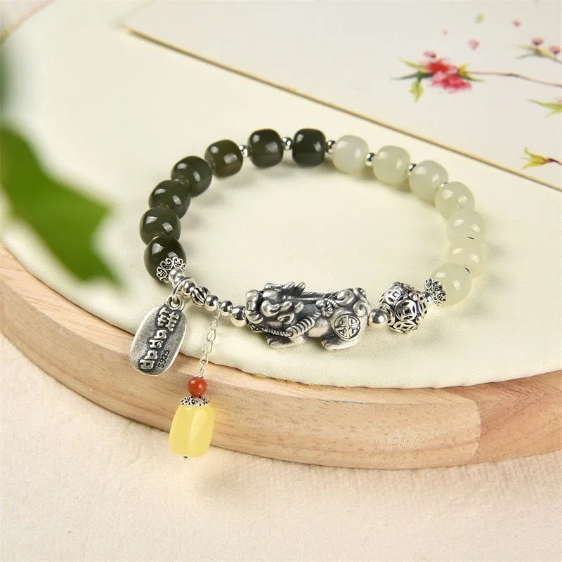 Pure silver coin bracelet with natural Hetian jade beads, 8x7mm, retro style for women