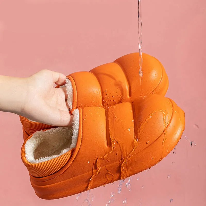 Couple cotton slippers with waterproof EVA sole and warm plush lining in various colours for winter home and garden use
