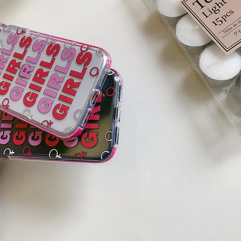Girl all-inclusive soft TPU transparent case for iPhone with black circle GIRLS pink letter print