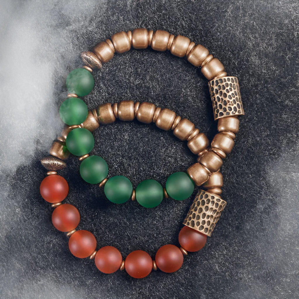 Retro ethnic style natural crystal and agate beaded couples bracelet in red agate on neutral background