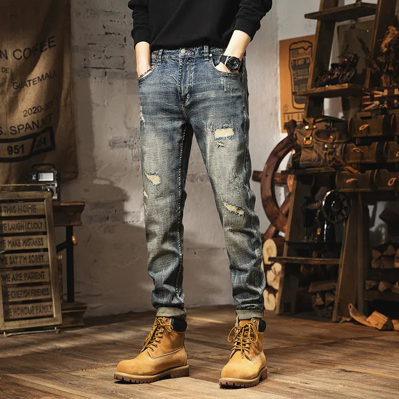 Men's retro heavy washed straight leg fleece lined jeans in vintage blue A7707 with drawstring waist