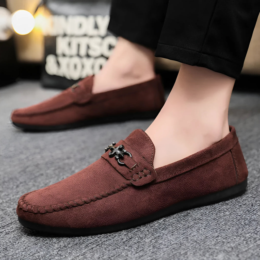 Men's black waterproof slip-on loafers with round toe and low stiletto heel
