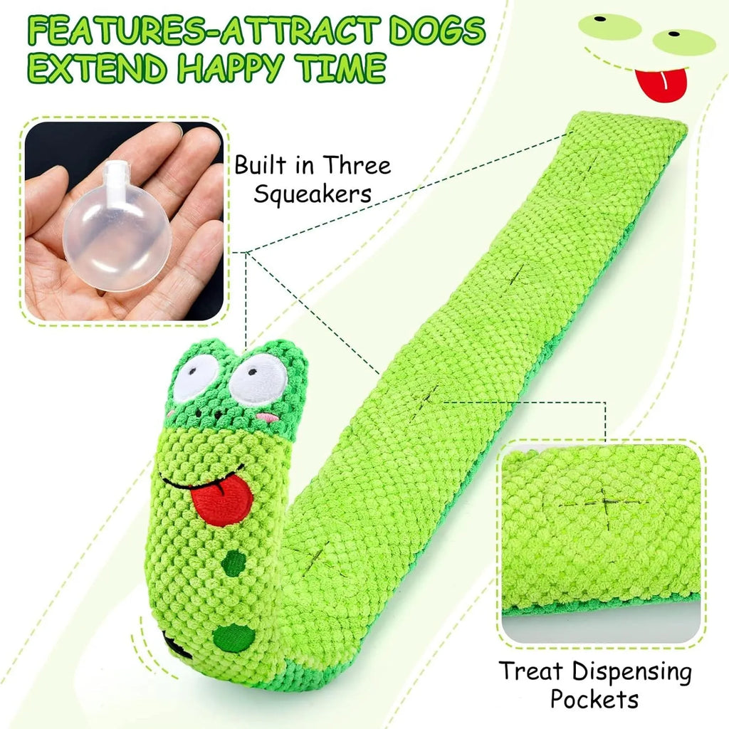 Transformable squeaky dog snuffle toy shown in snail and stick shapes for foraging games.