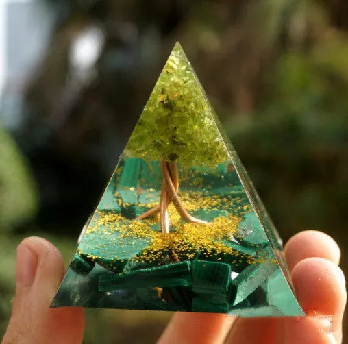6cm crystal epoxy resin pyramid ornament with natural crystal gravel interior, geometric design, colour options available