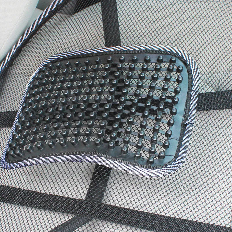 Black polypropylene fibre car lumbar support pillow measuring 41 by 39 centimetres