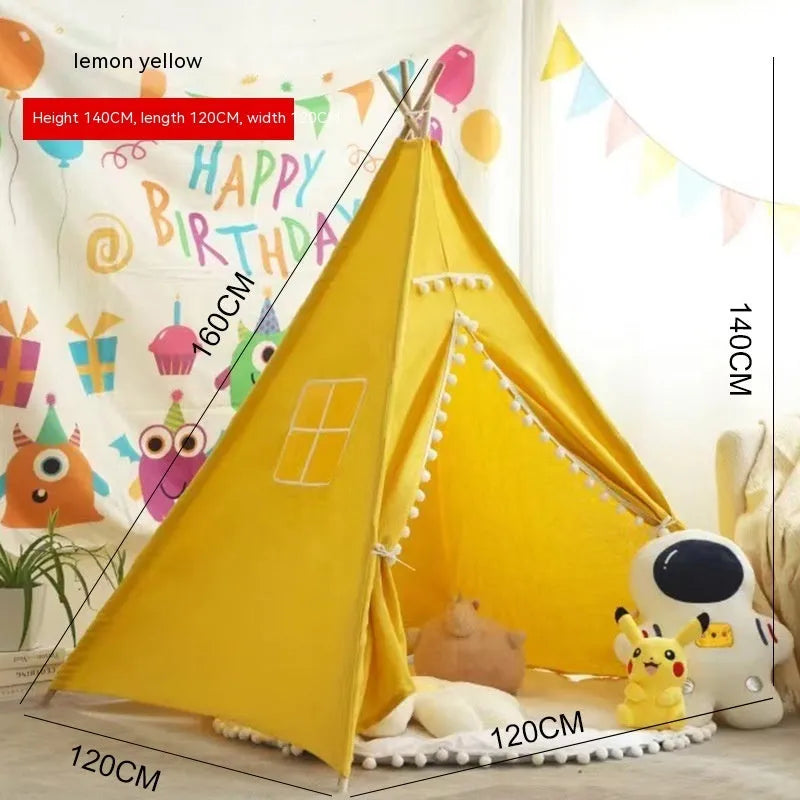 Children's indoor wooden frame play tent in princess pink fur ball style, 1.6m size, with open front