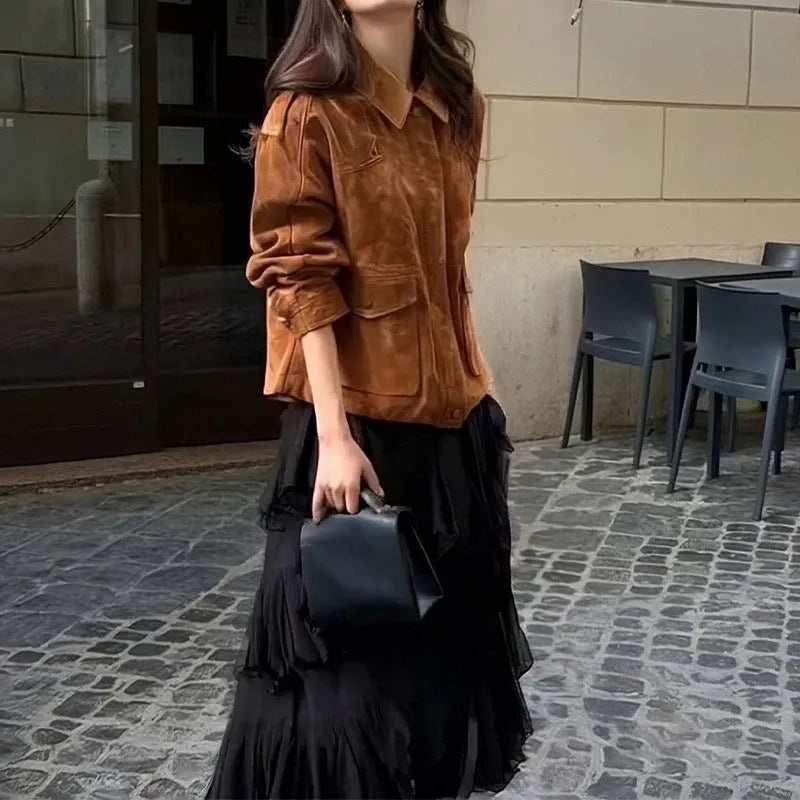 Women's brown suede-look street chic coat with regular sleeves in polyester fabric