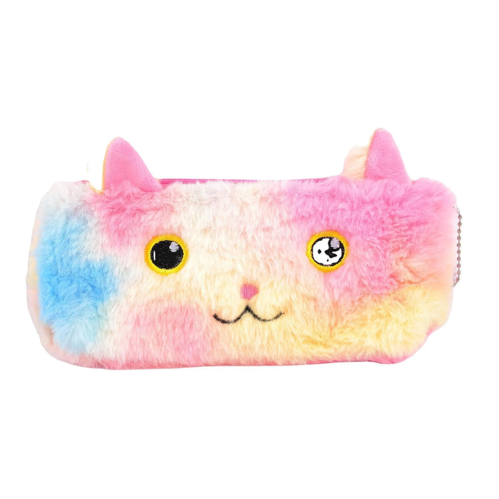 Laser colour plush pencil case with cartoon squinting face design, 21x9cm, on a plain background