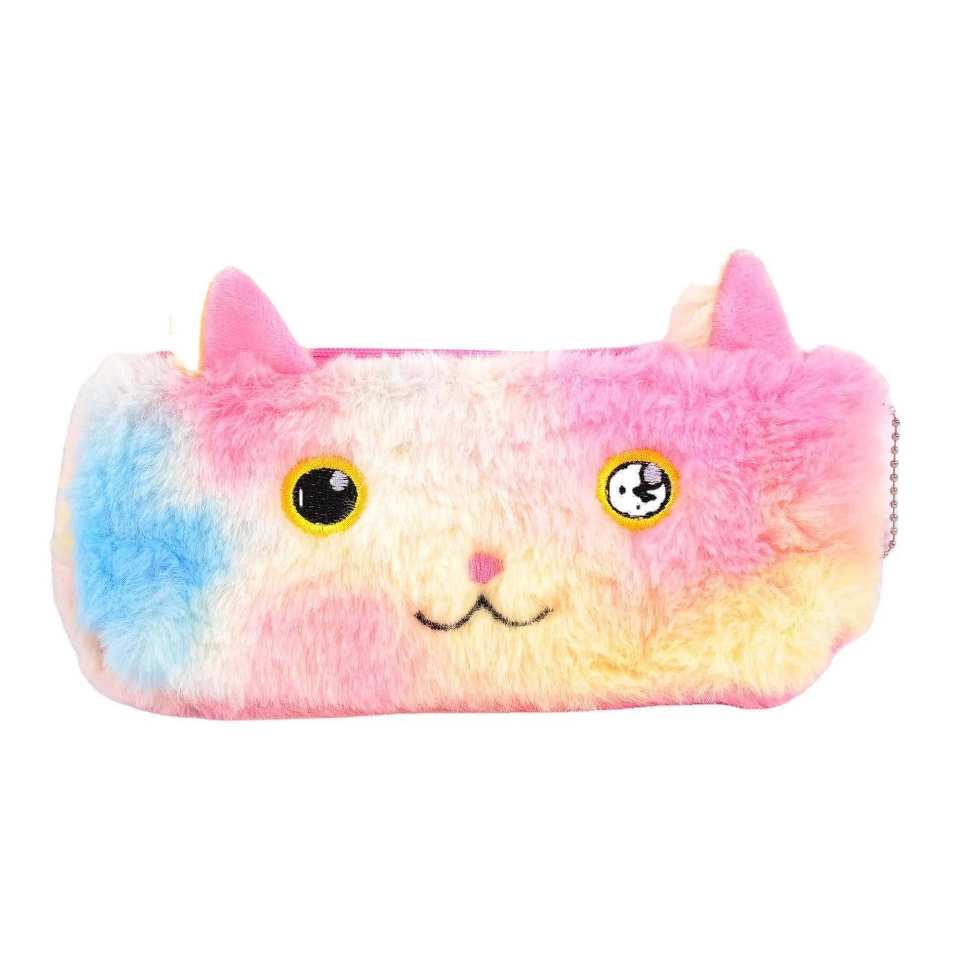 Laser colour plush pencil case with cartoon squinting face design, 21x9cm, on a plain background