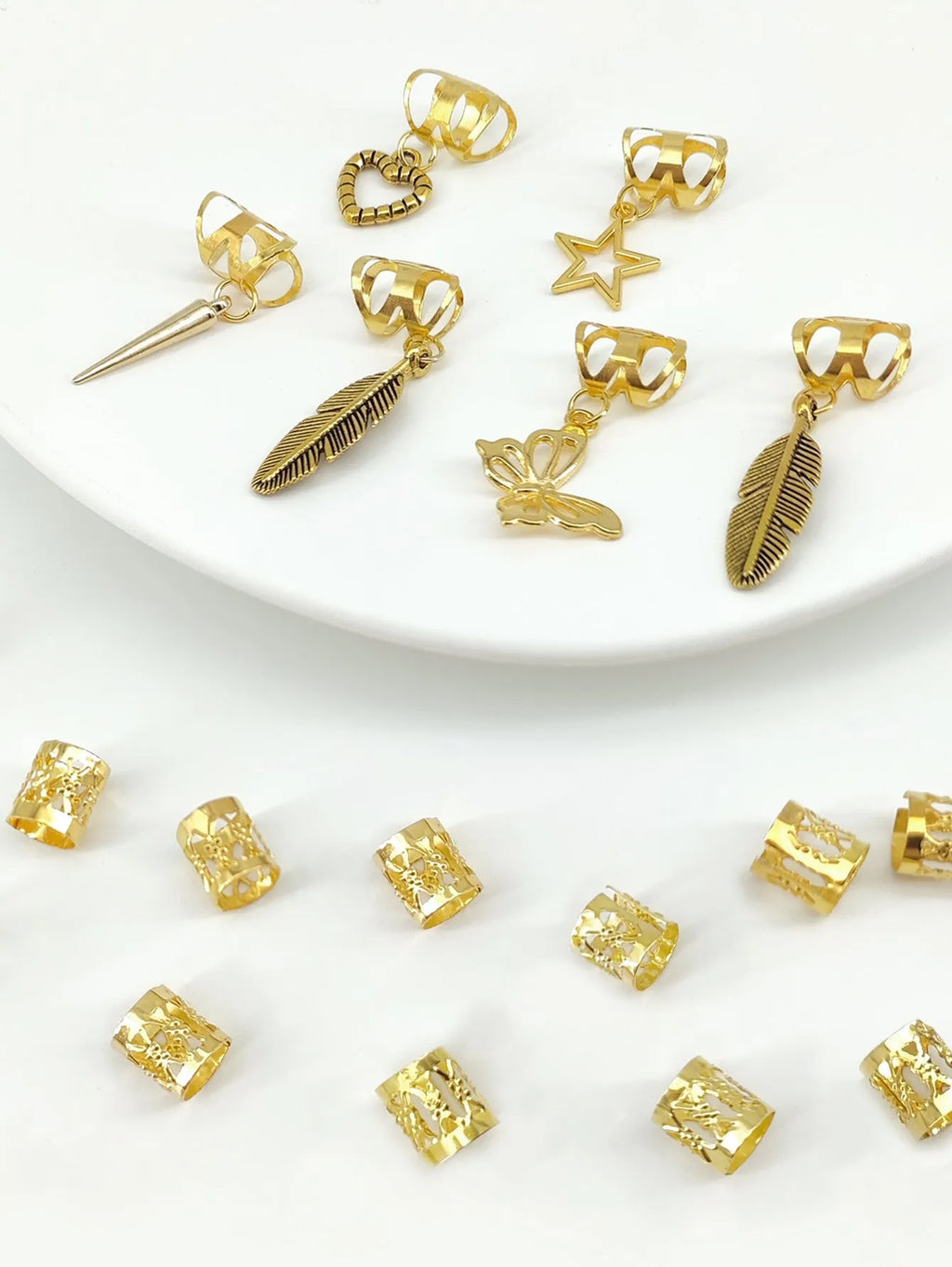 Set of 26 antique-style leaf braid rings in gold and silver alloy with electroplated finish