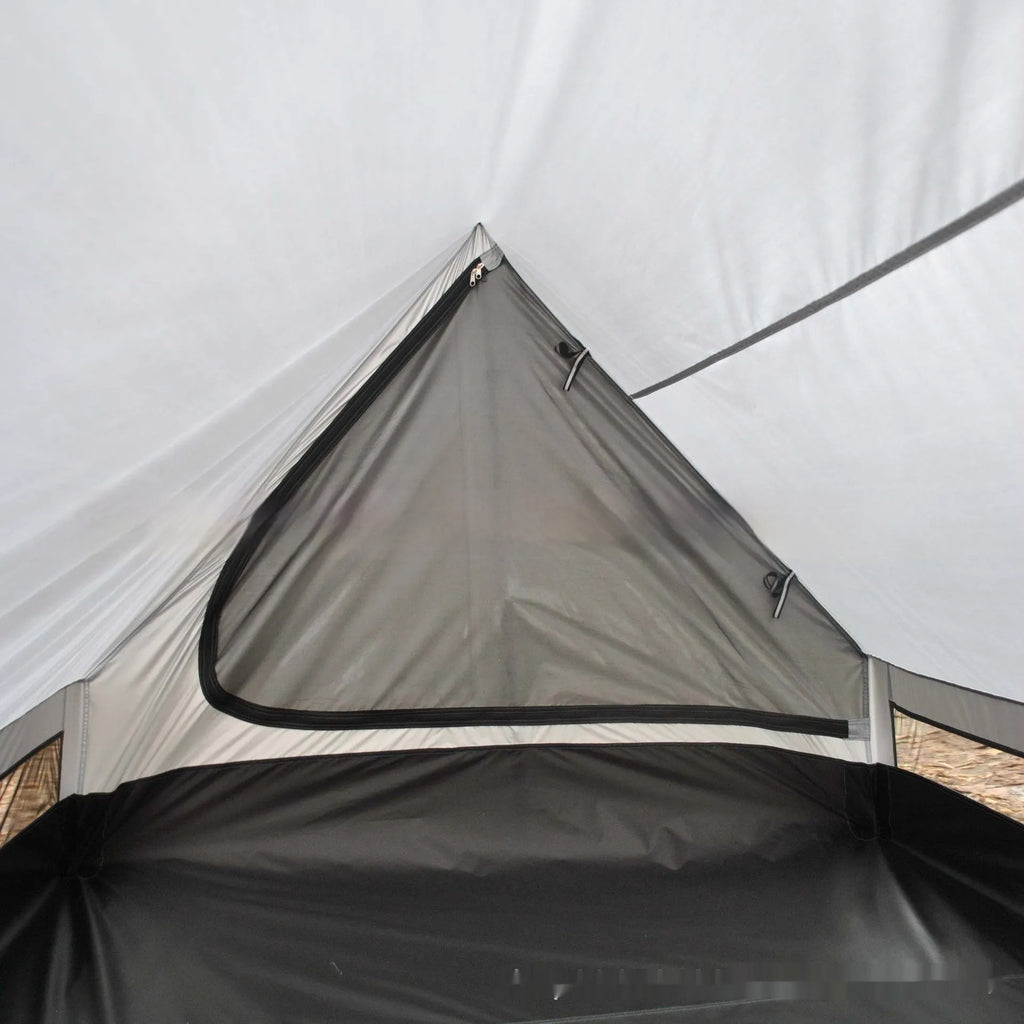 Brown or white A-line pole-free tent pitched with hiking canes showing 210x150x110cm dimensions