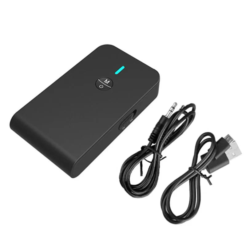 Black Bluetooth 5.0 audio adapter with 3.5mm AUX plug and external power cable