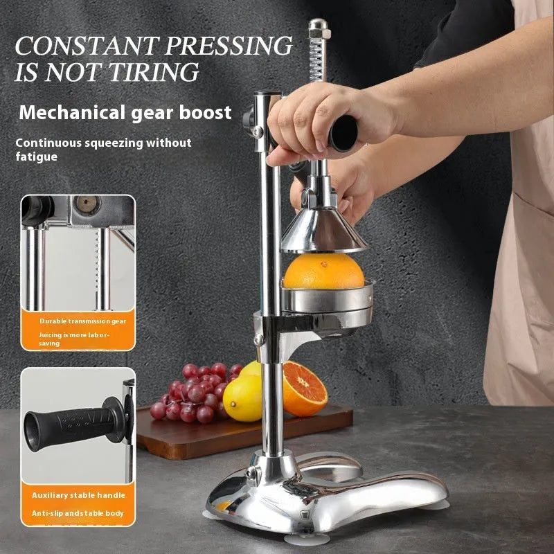 Vertical stainless steel manual citrus juicer with zinc alloy components in multiple colour options