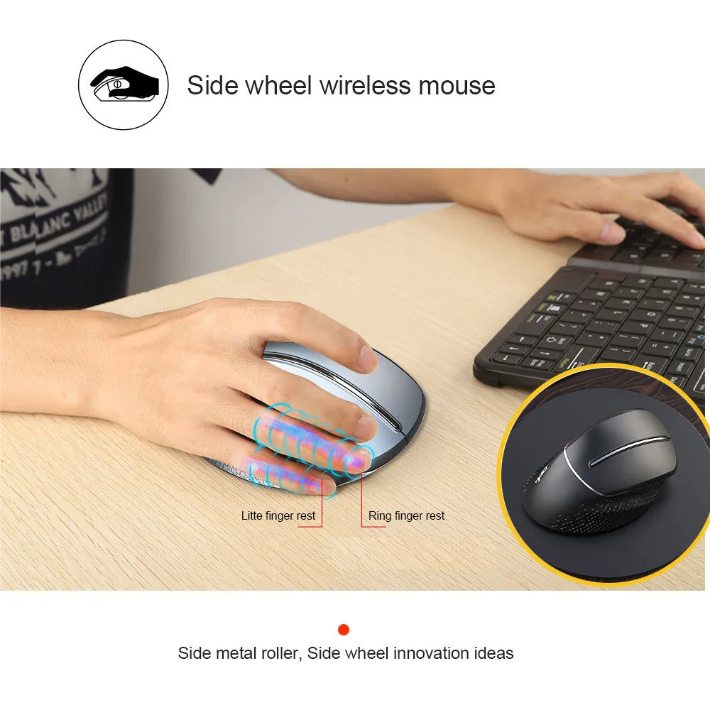 T32 black and silver wireless vertical ergonomic mouse with aluminium side roller on a desk.
