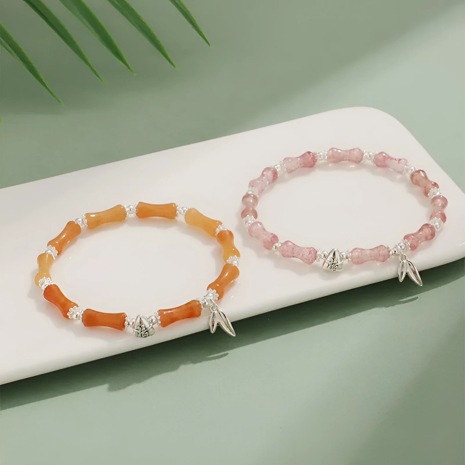 Green Aventurine Bamboo Strawberry Crystal Bracelet with mixed natural stones and electroplated finish on white background