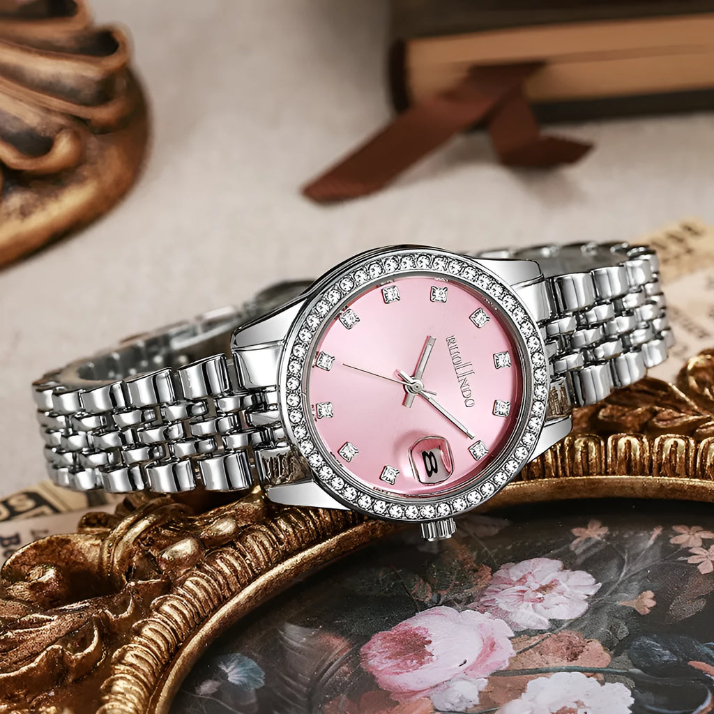 Women's quartz calendar watch with 32mm alloy strap in silver, pink, light blue, and green options