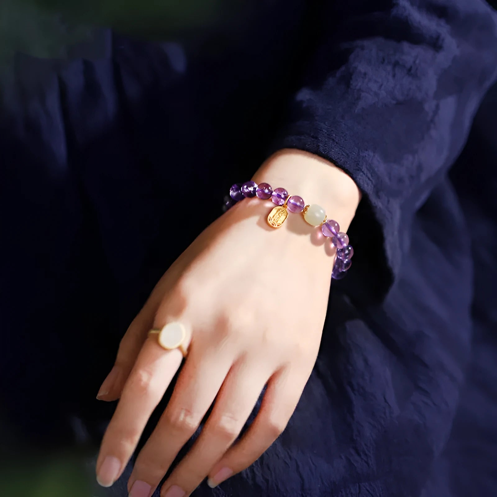 Amethyst crystal bracelet with 8mm beads in geometric national style design for women