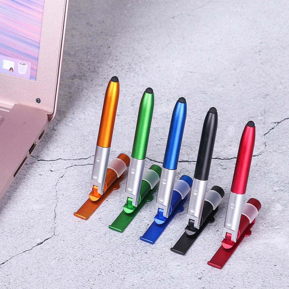 4-in-1 folding light pen mobile phone holder in black plastic, with pen tip and LED light visible