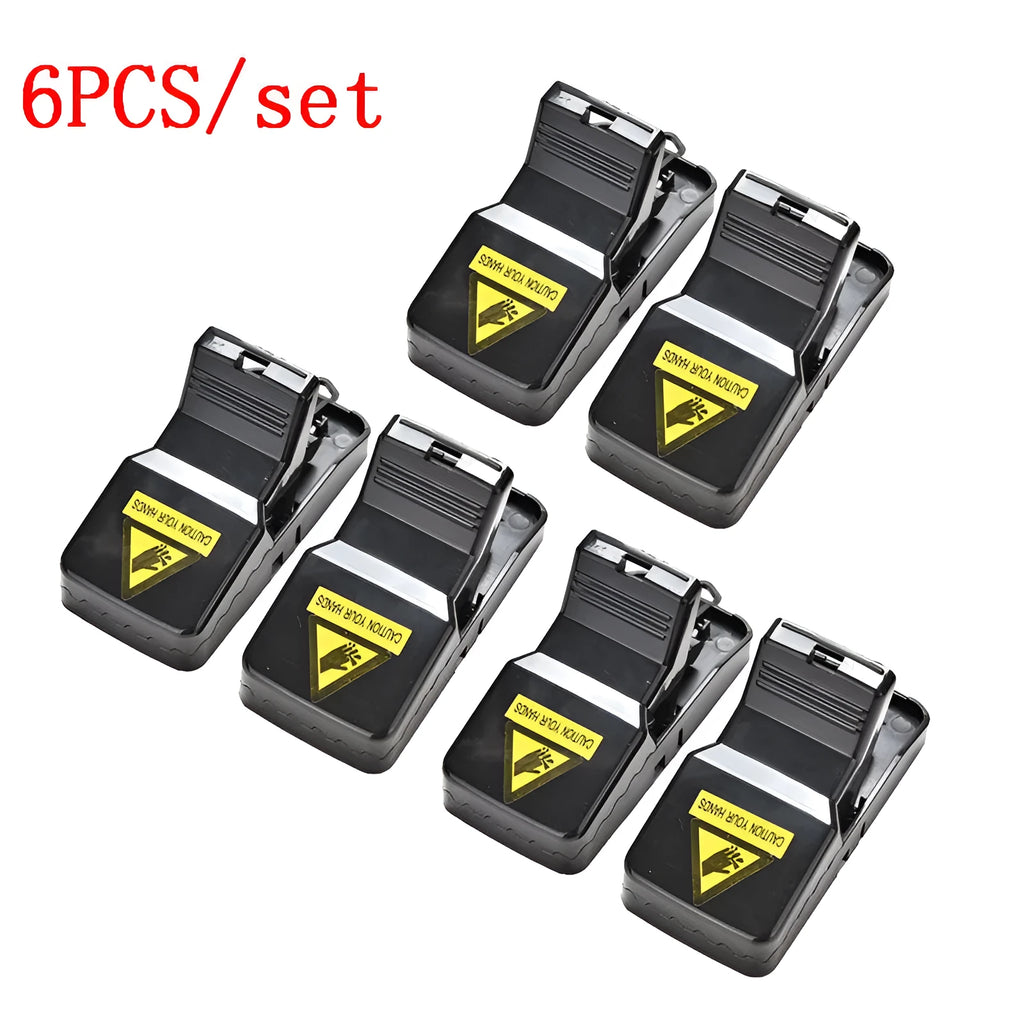 Six black snapping mousetraps made of PC+ABS alloy plastic for rodent control
