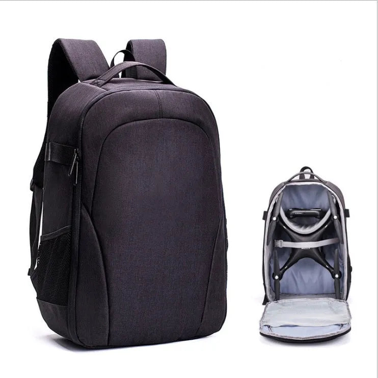 Black Oxford cloth drone backpack with camera and laptop compartments for equipment transport