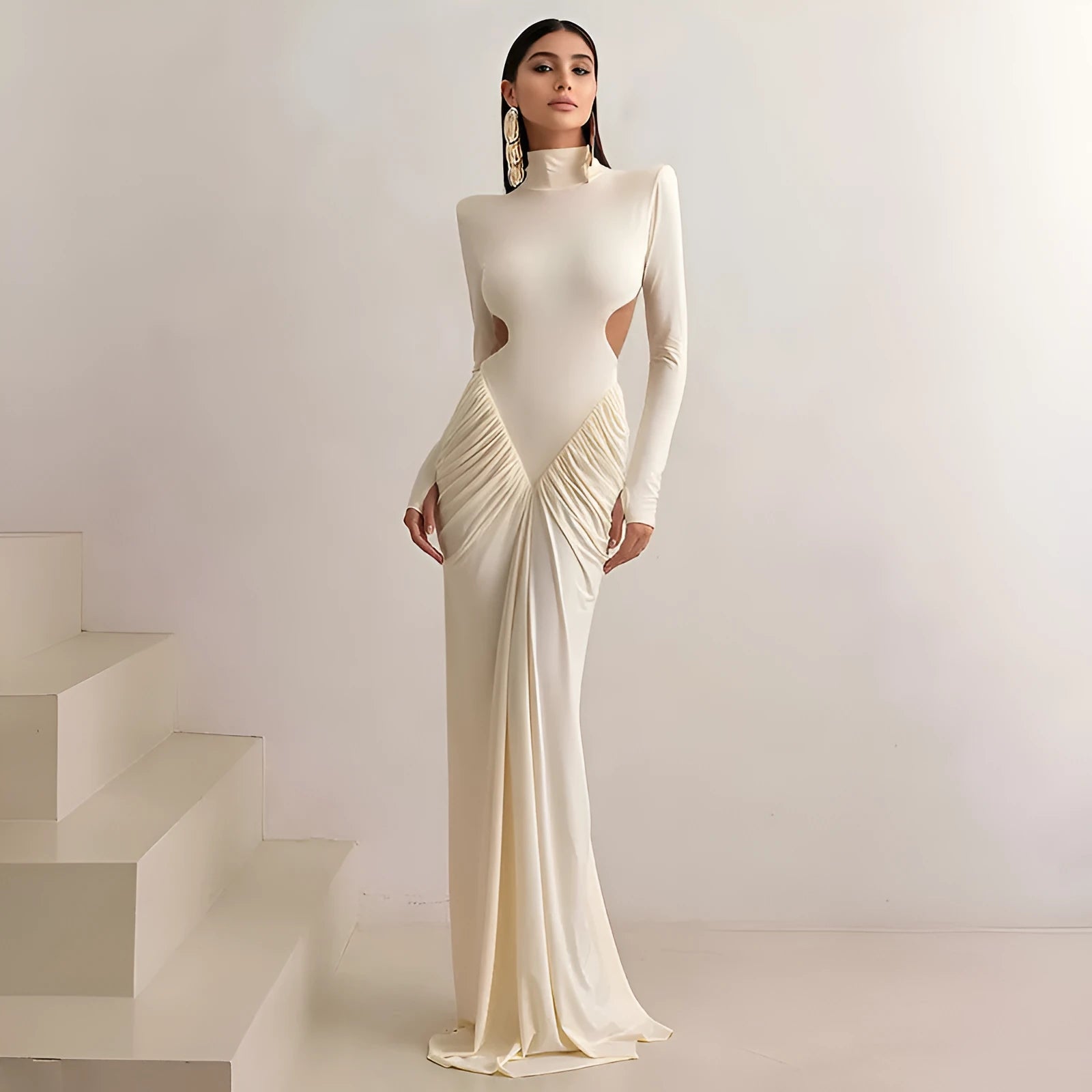 Long sleeve high collar slim fit pleated backless dress in light apricot, brown, wine red or black.