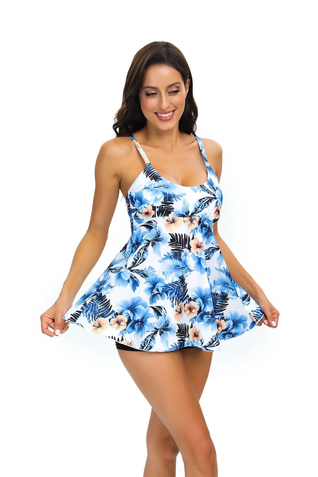 Women's floral print skirt tankini in loose fit polyester, sleeveless, size S to 2XL