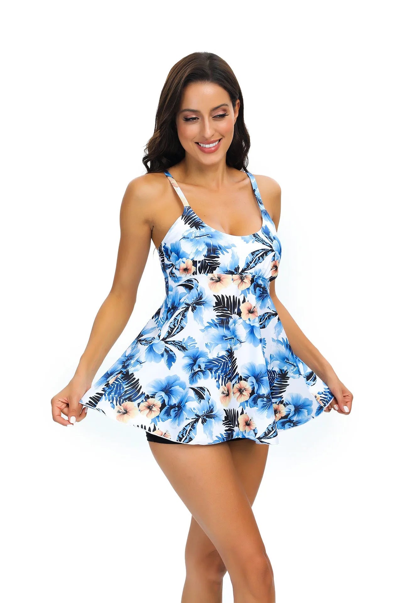 Women's floral print skirt tankini in loose fit polyester, sleeveless, size S to 2XL