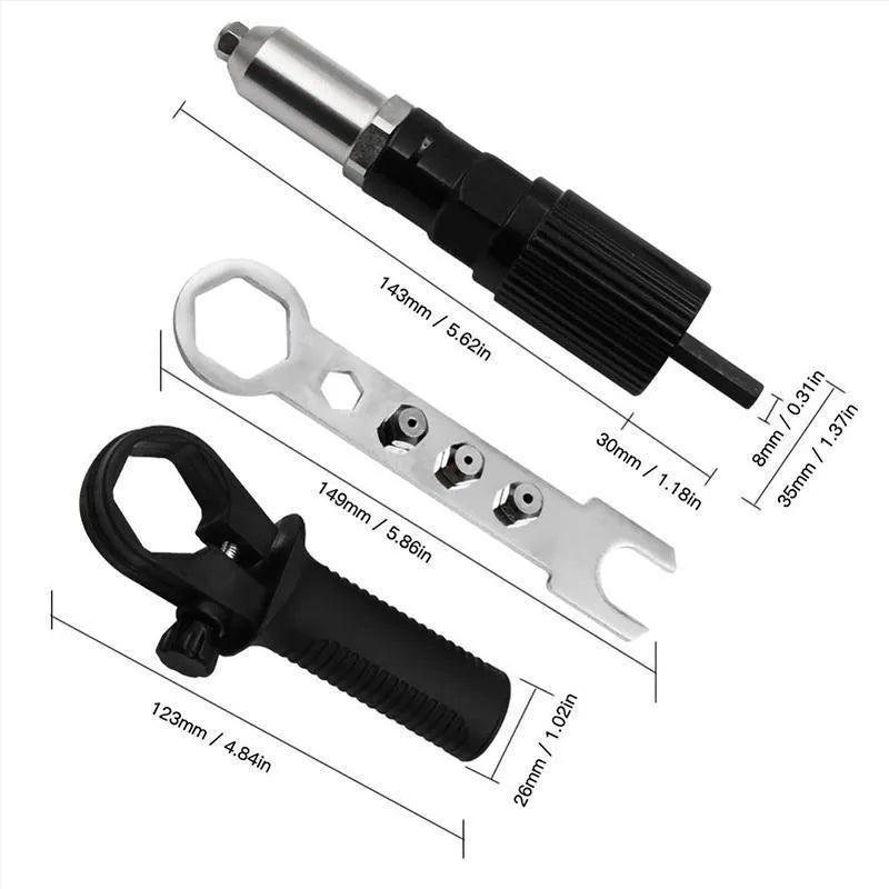 Alloy steel rivet gun adapter for electric drill with four rivet heads, handle, and wrench