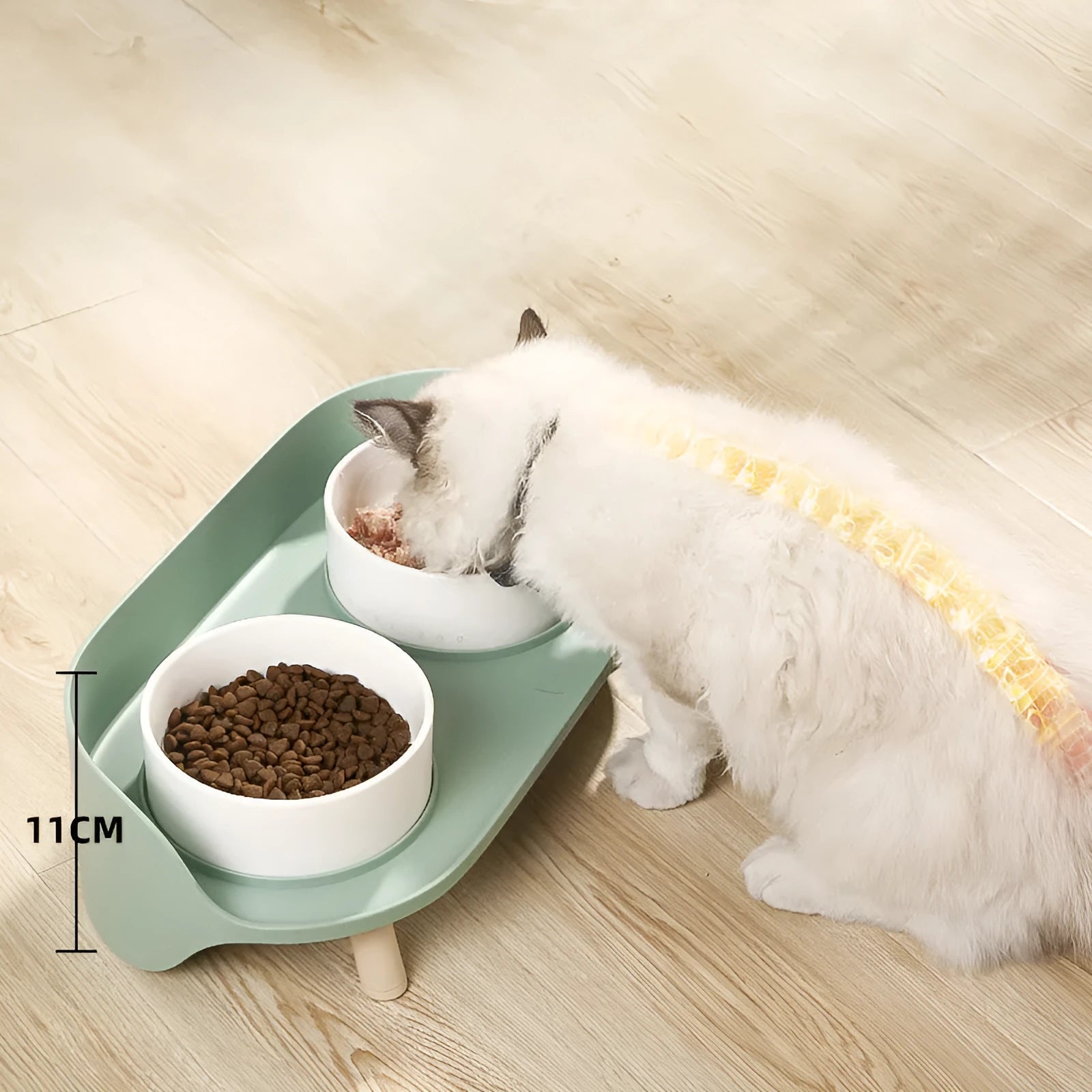 Green tilted double pet bowl set with adjustable angle for cats and small dogs