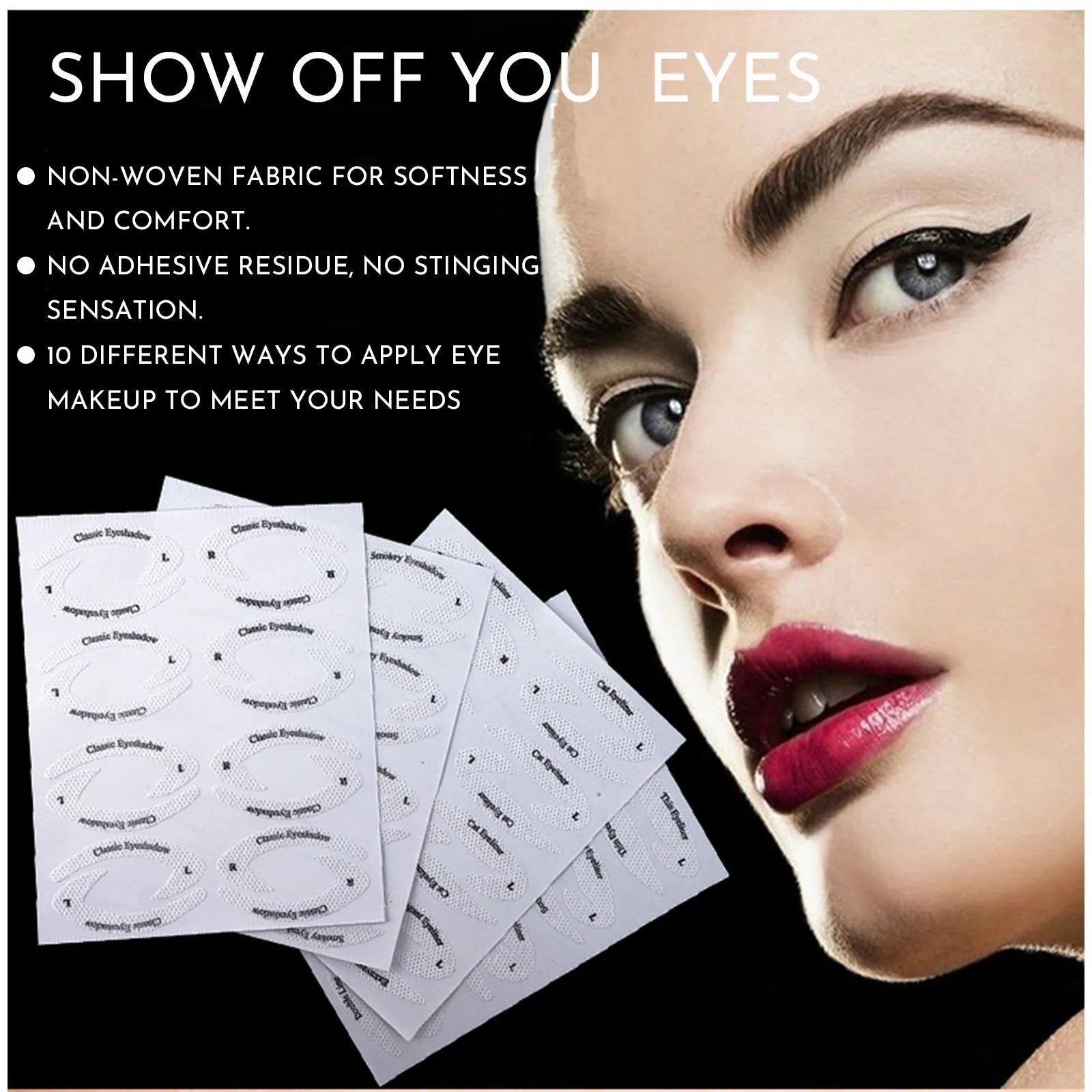 Four reusable eyeliner stencil templates for makeup application including wing and cat-eye designs