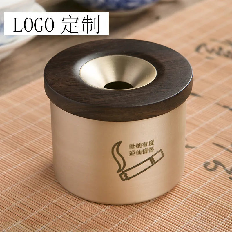 Solid brass copper ashtray with a wooden lid in retro style for home use