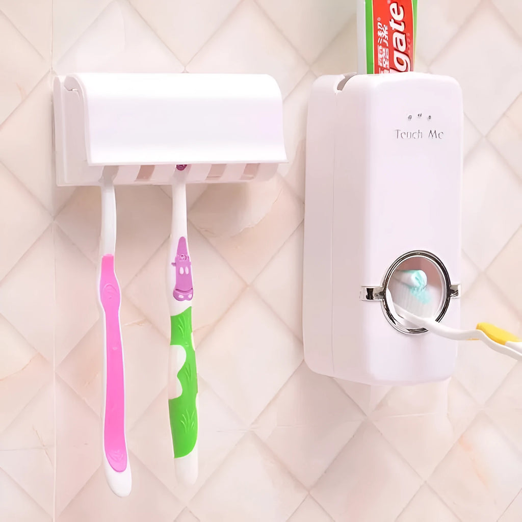 White and wine red plastic silicone toothbrush holder set with suction mount on a bathroom tile wall