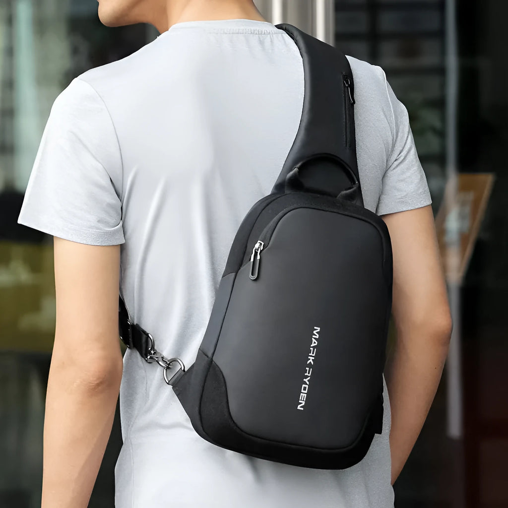 Men's anti-theft USB chest bag in black, made from Oxford cloth with zip closure and square vertical shape
