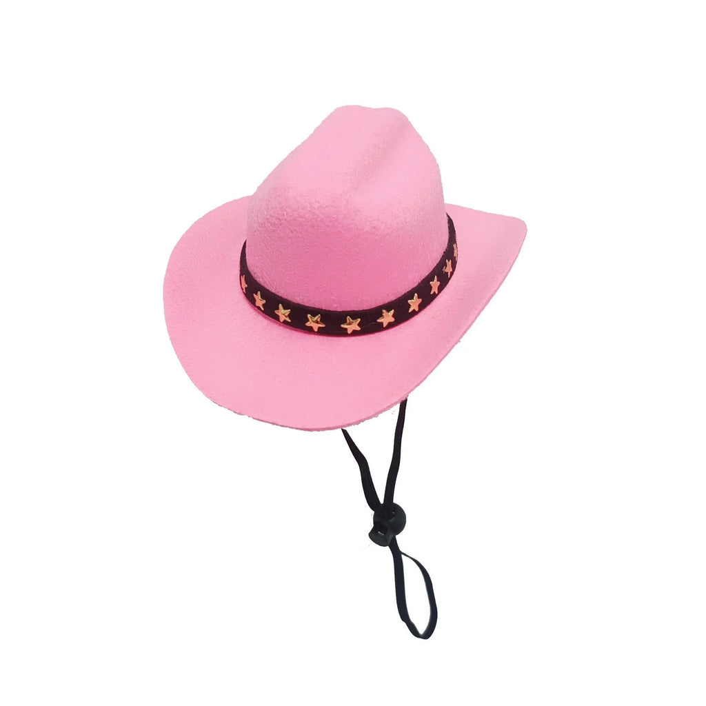 Cat wearing a black cowboy hat with star design, made from soft non-woven fabric, adjustable strap, side view