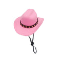 Cat wearing a black cowboy hat with star design, made from soft non-woven fabric, adjustable strap, side view