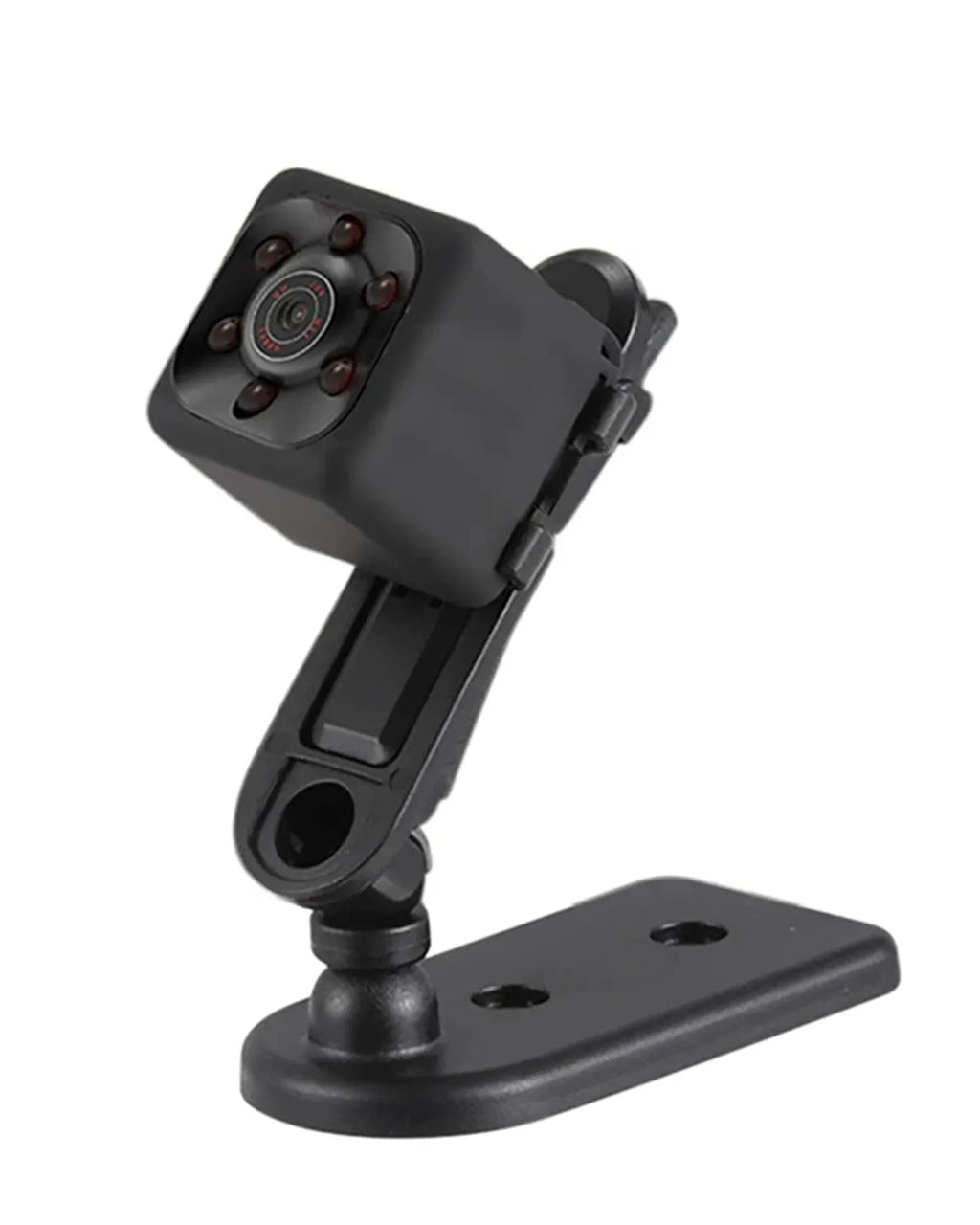 Mini 1080P Full HD night vision camera in black with infrared LEDs and motion detection