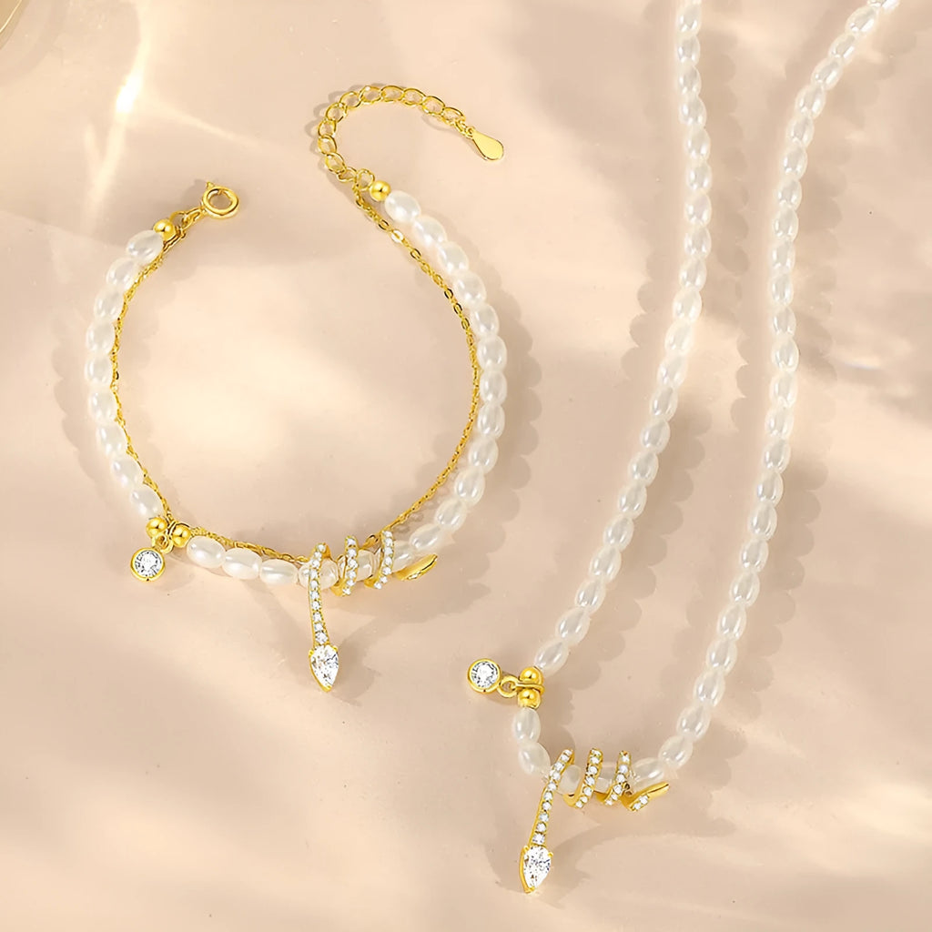 925 silver pearl snake zodiac bracelet in New Chinese style with electroplated gold or white gold finish
