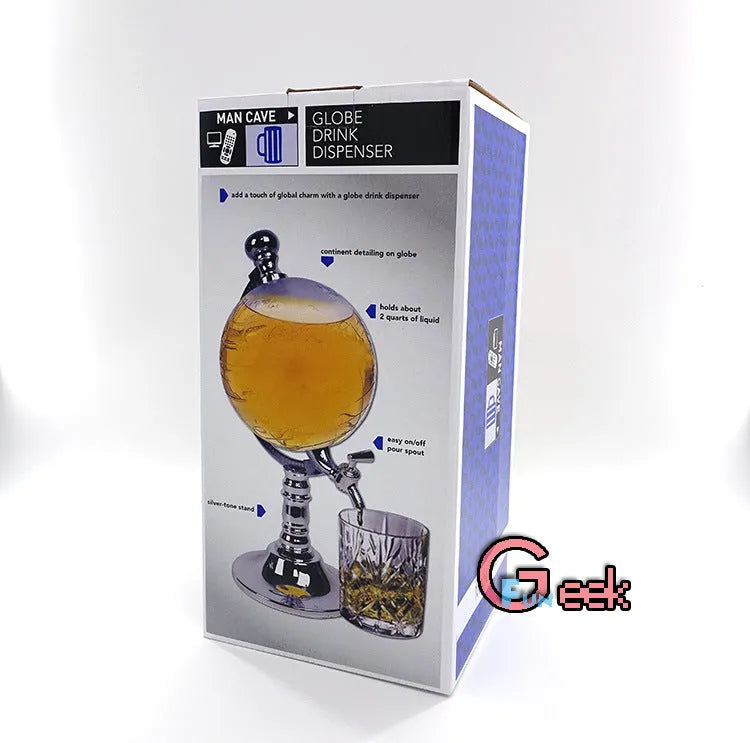 Transparent globe wine decanter dispenser with silver chrome stand and plastic body on a table