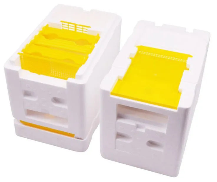 Three white foam bee delivery boxes for beehive queen mating and breeding operations
