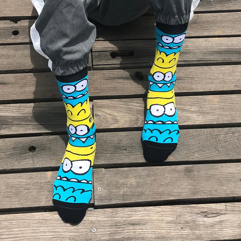 Cotton tube socks for men and women, high tube, cartoon pattern, one size, black white colour option