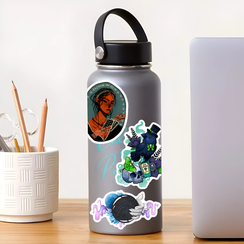 Waterproof PVC laptop stickers pack with glossy finish showing various designs and 3-8cm sizes