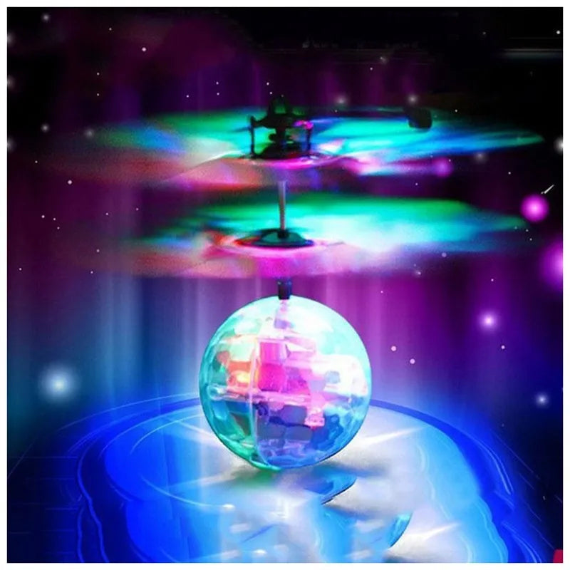 Infrared induction flying ball with LED lights in green plastic body for kids
