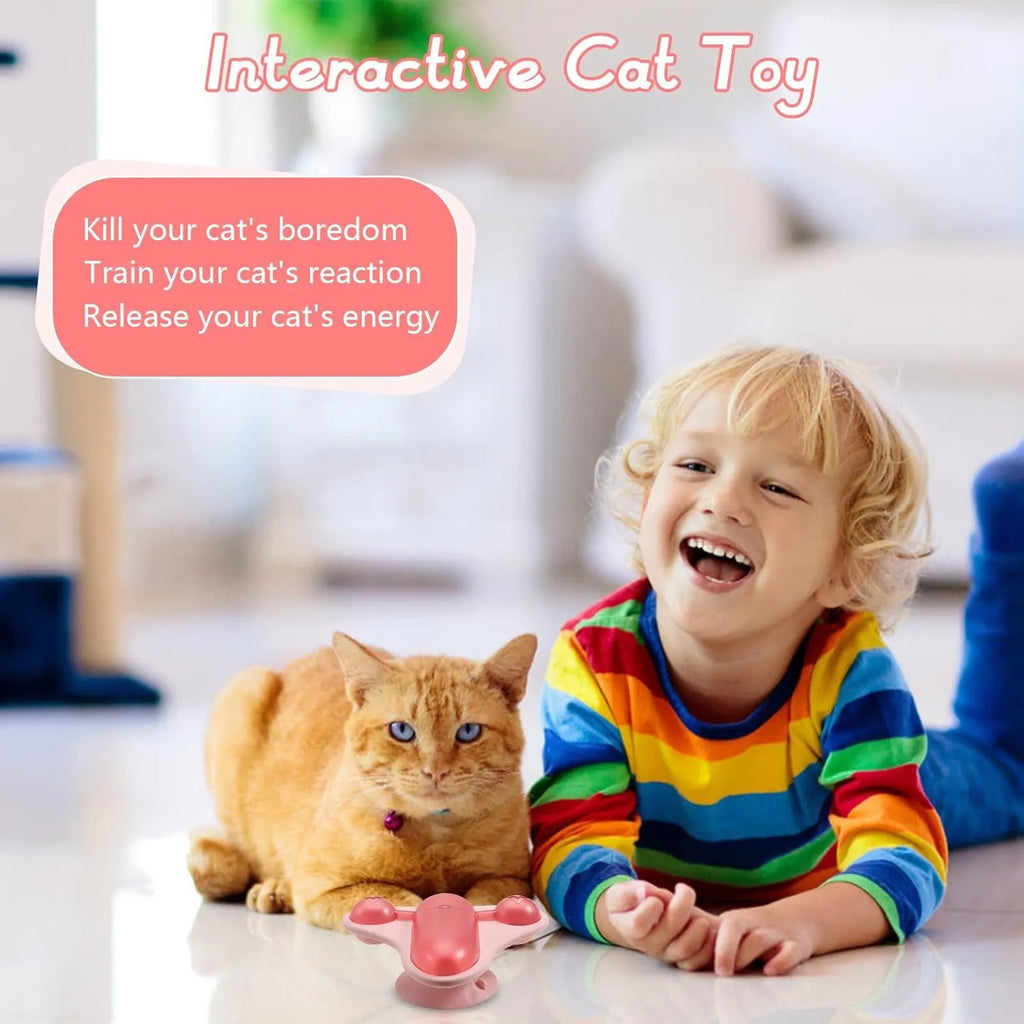 Interactive pet puzzle toy with blue plastic snack cabin, bell, and catnip components