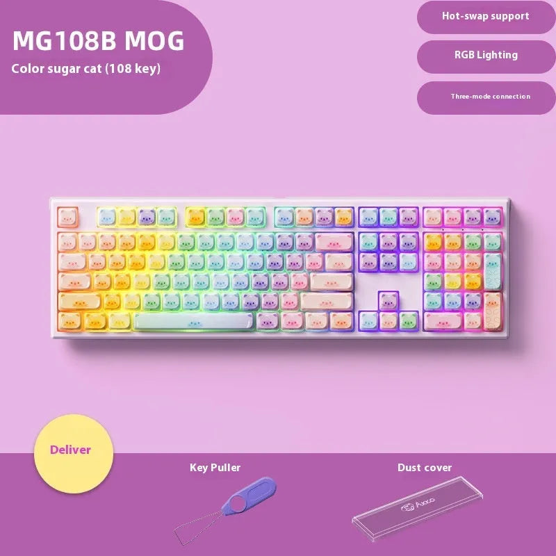 Coloured sugar cat Bluetooth mechanical keyboard with piano switches showing MG108B colour scheme