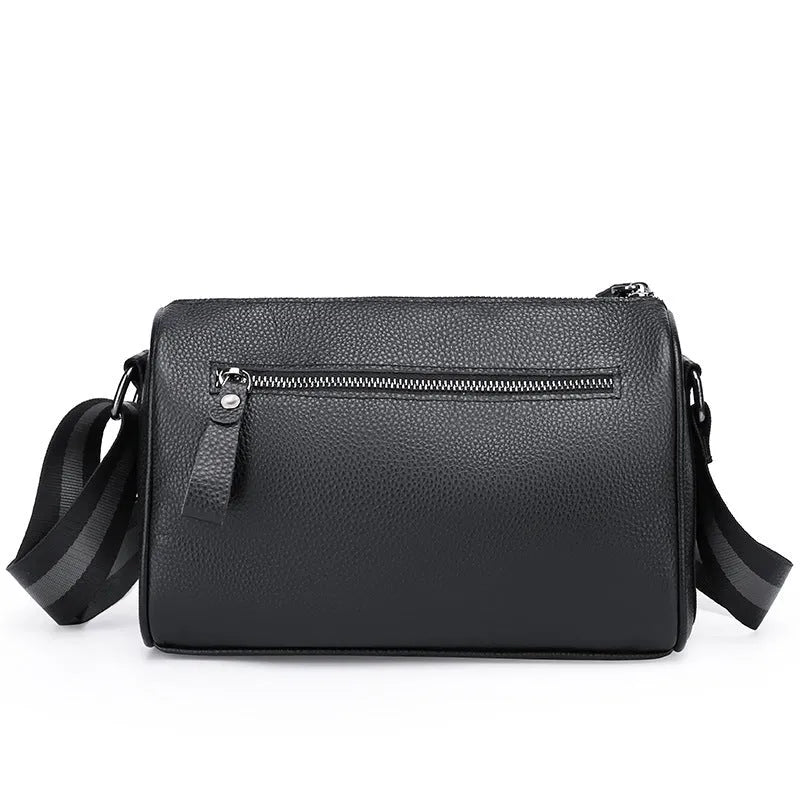 Black genuine leather one-shoulder crossbody bag with large capacity.